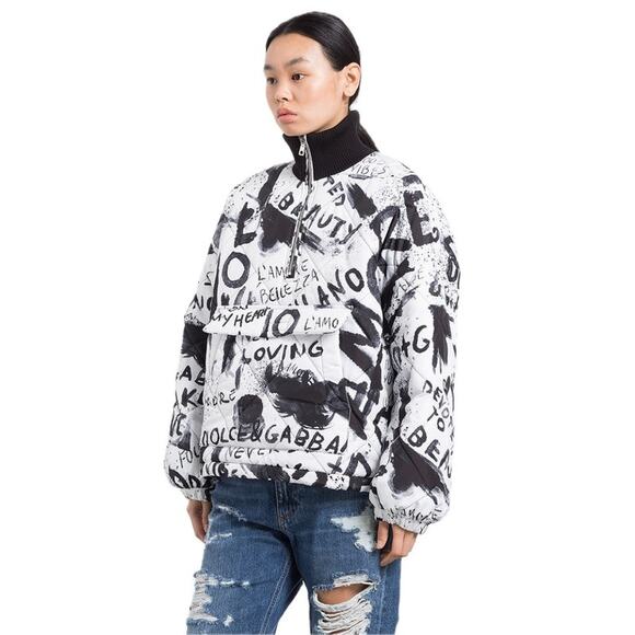 NWT Dolce & Gabbana Black White Graffiti Logo Print Bomber Jacket IT 38 US XS - Picture 2 of 13